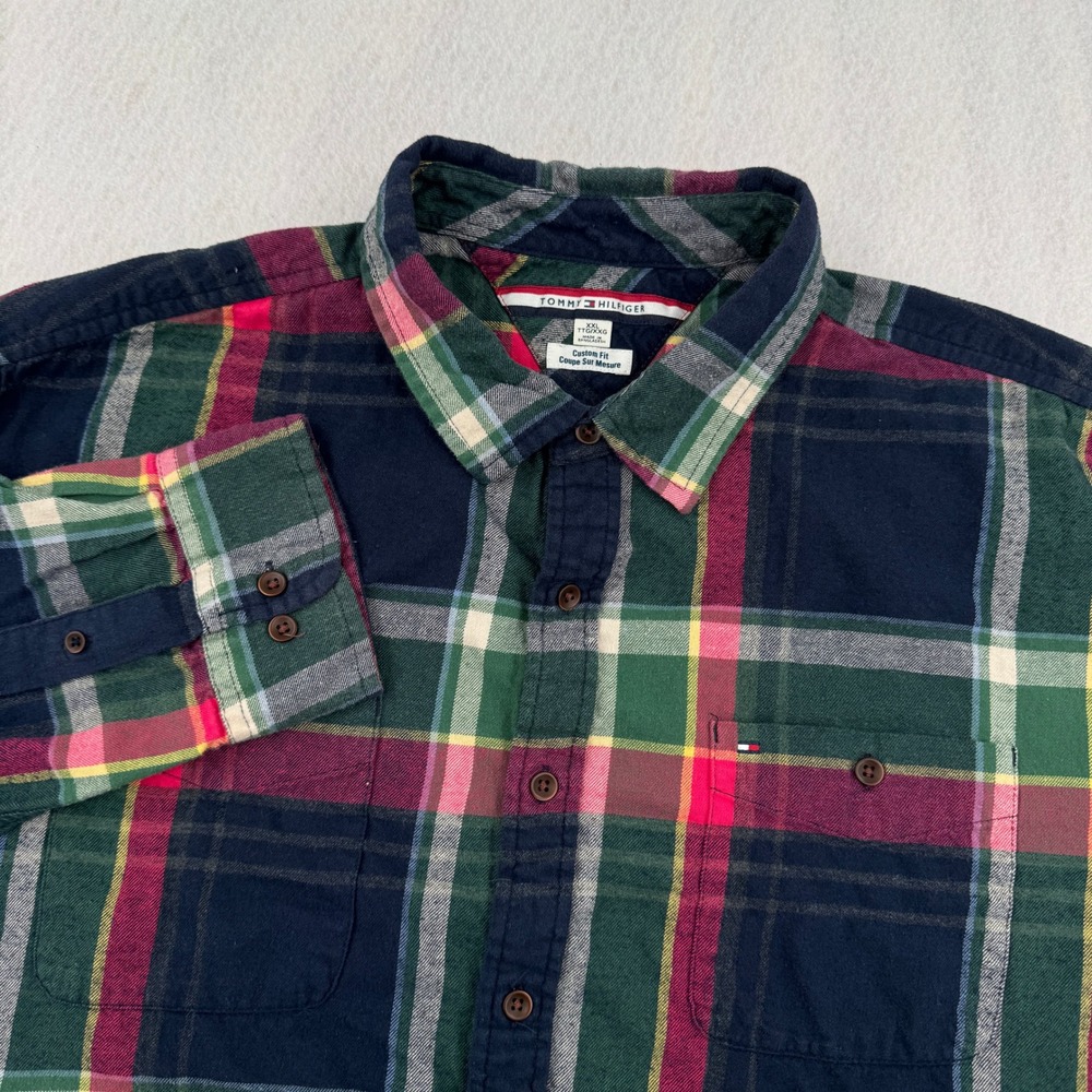 Tommy Hilfiger Mens XXL Custom Fit Long Sleeve Flannel Blue/Green Plaid Outdoors